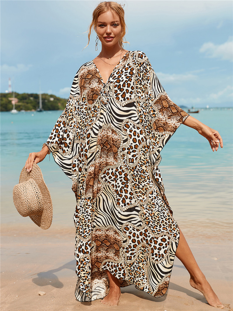 224g Weight Sunscreen Shirt Outerwear Type 3/4 Length Sleeve Sleeve Length Polyester Fabric Type Long Top Length V Neck Neckline Printing, Leopard Pattern Spring&Summer Season Women's Gender Vacation, Beach Style Women's Printing Leopard Vacation Beach Cover Ups 87