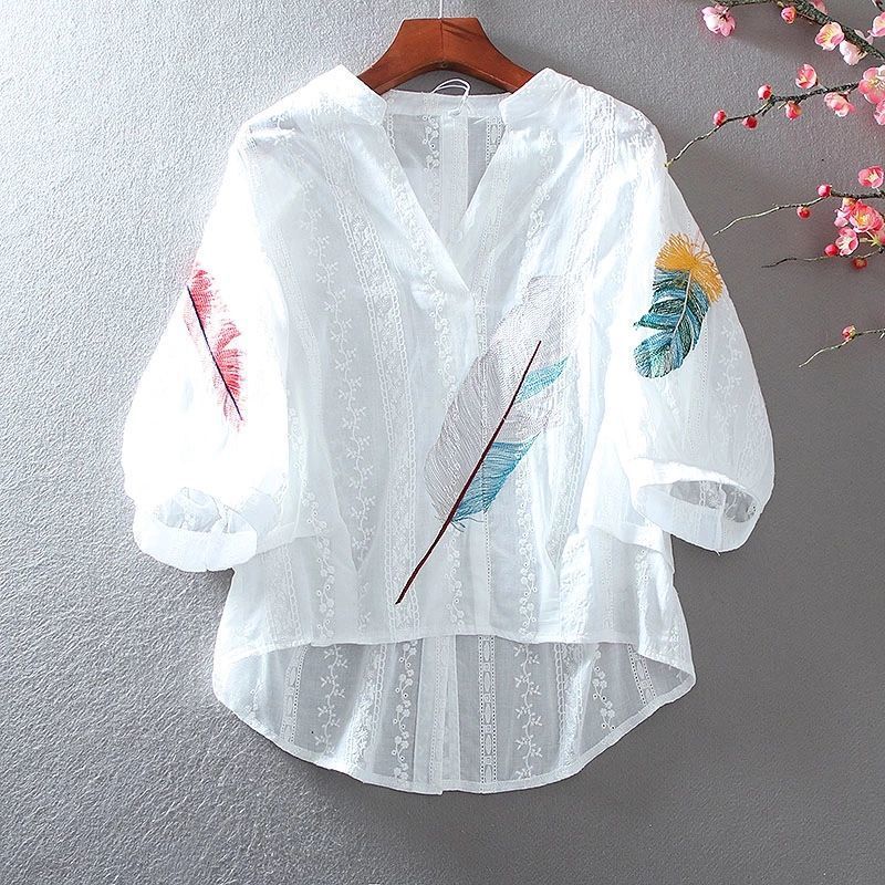 Wholesale Summer Loose Lace V Neck Embroidered Floral Style High Waist Short Front and Long Back Lantern Sleeve Shirt Women's Tops