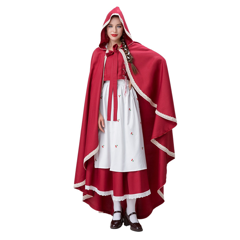 Voksne kvinner Halloween cosplay Rødhette kostyme langt kjolesett rollespillklær dameklær_voghion.com