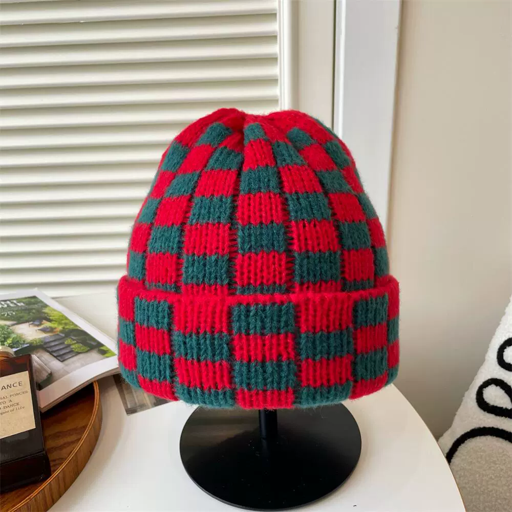Demi-season double-layer chess, universal keep warm woolen knitted hat, increased thickness, oversize