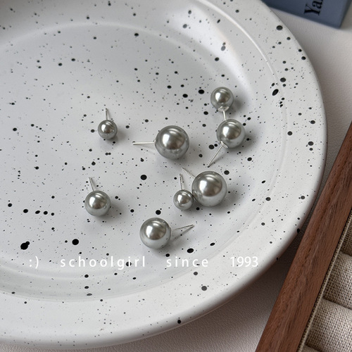 Cool and high-end 925 silver needles, perfect round and strong light, hemp gray shell pearl earrings, simple temperament and versatile