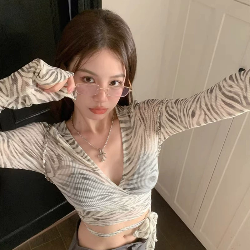 Официальная картина с тонким солнцезащитным крестообразным v-образным вырезом футболка зебра женская летняя пряная девушка сексуальная рубашка с короткими рукавами с длинными рукавами