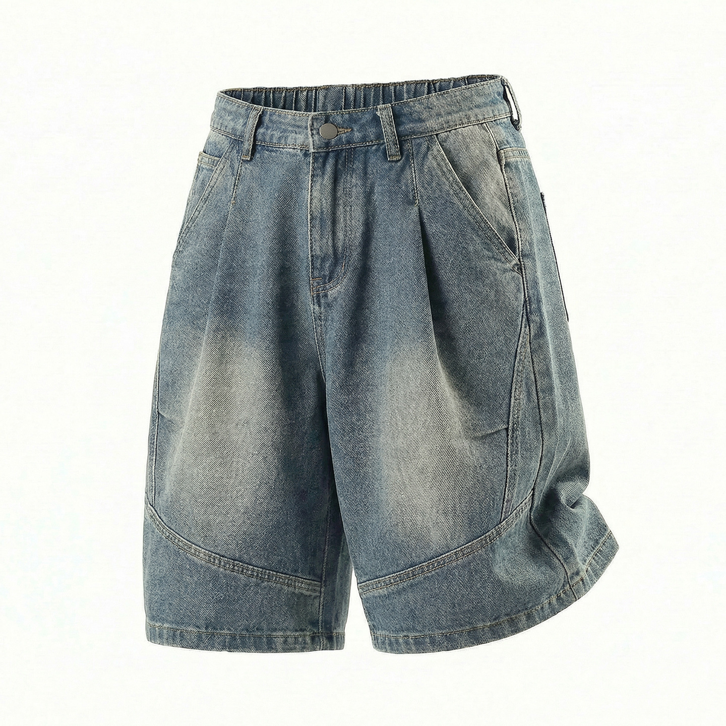Herren Denim Shorts Locker Retro Gewaschene Pleated Five-point_voghion.com