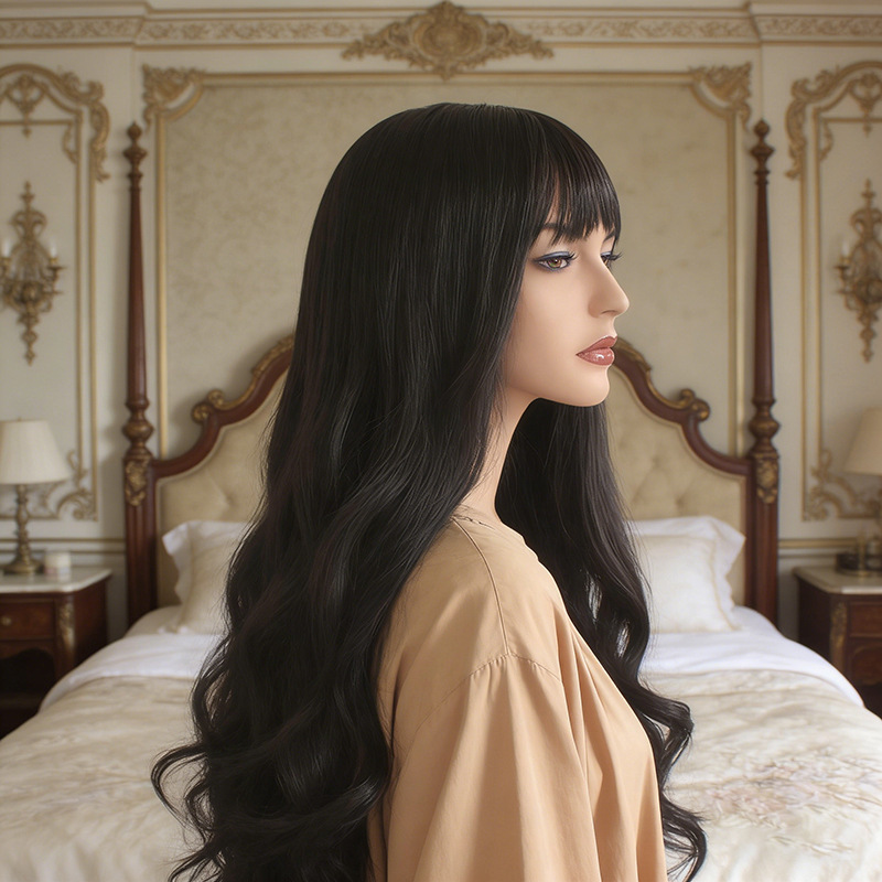 Fashionable Wig with Double Ponytails, Long Curly Hair, Lolita Bangs, Realistic Synthetic Full Wig