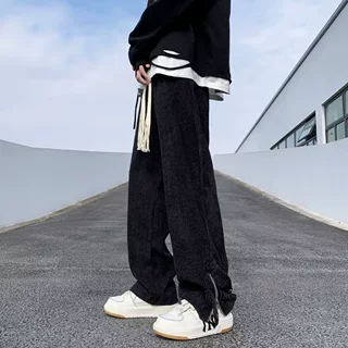 直筒裤男春秋季灯芯绒新款港风男士潮牌阔腿裤时尚拉链开叉休闲裤