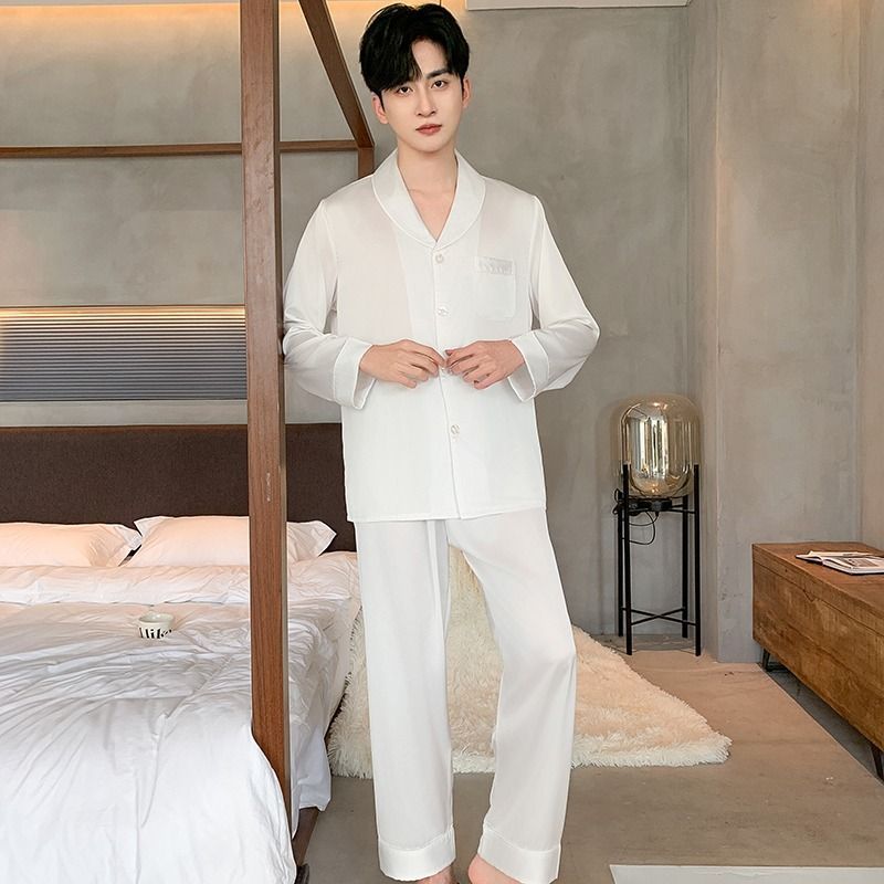 남성용 화이트 아이스 실크 잠옷, 여름용 긴팔 얇은 실크 느낌 남성용 대형 사계절 홈웨어, 외부 착용 가능