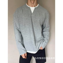 320G重磅华夫格假两件拼接V领长袖t恤男秋季cleanfit宽松纯色批发