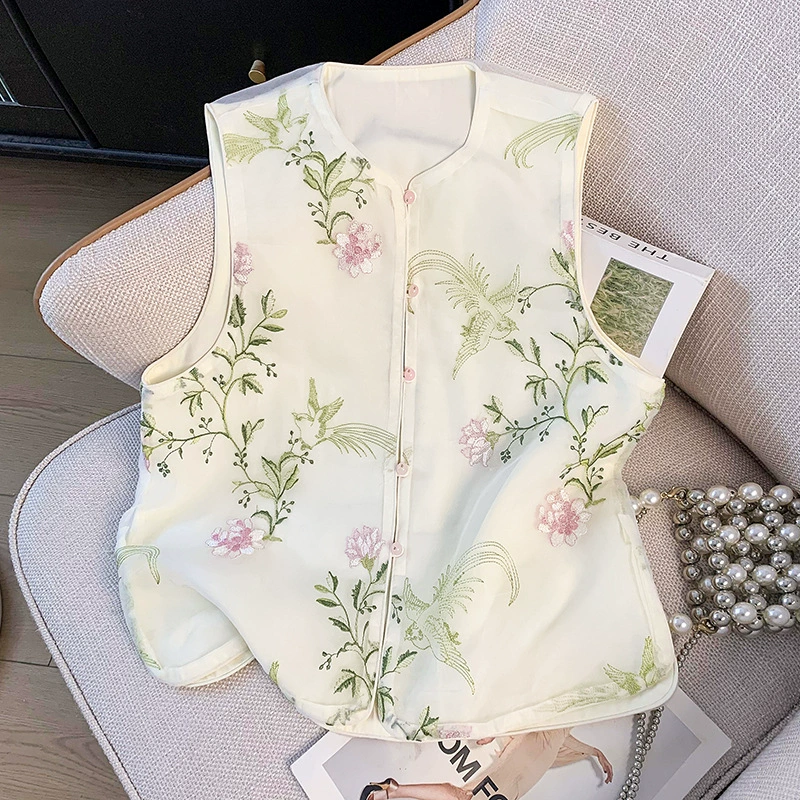 Новый китайский стиль жаккардовая вышивка с зелеными листьями летом ретро тонкая завеса солнцезащитный крем повседневный жилет