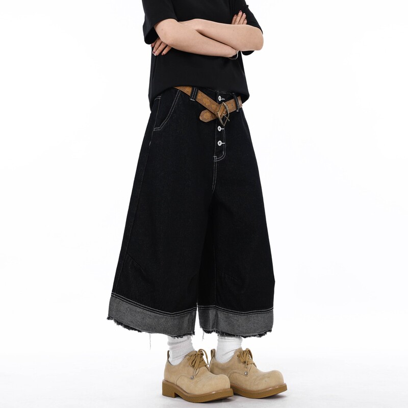 American Retro Black Multi-Pocket Raw Edge Denim Cropped Pants for Men and Women, High-End, Loose, Casual, Wide-Legged Trendy American Retro Black Multi-Pocket Raw Edge Denim Cropped Pants for Men and Women, High-End, Loose, Casual, Wide-Legged Trendy
