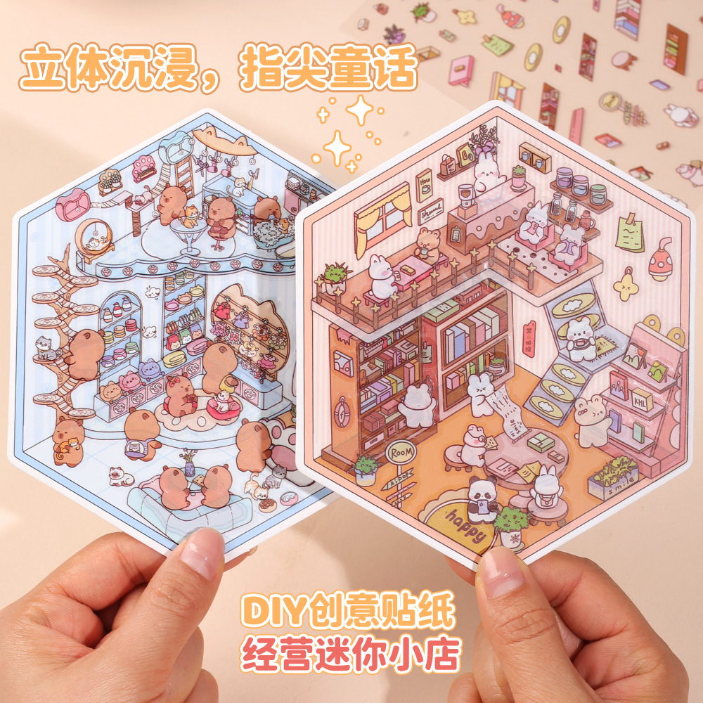 Pegatinas de paisajismo de fiesta de cumpleaños de panda de dibujos animados originales Escena en miniatura tridimensional en 3D Pegatinas de mano de recompensa para niños lindos