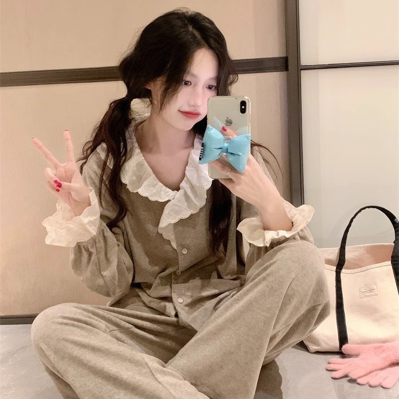 공주 FENGDE 벨벳 양면 우유 벨벳 파자마 여성의 가을과 겨울 2023 새로운 타월면 달콤한 레이스 홈 의류