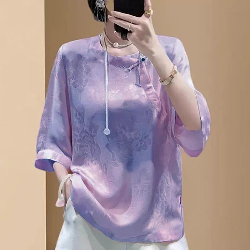 新しい中国風の女性の半袖紫色のアセテートジャカードナショナルスタイルトップサマーシャツ西洋スタイル多用途五分袖シャツ|undefined