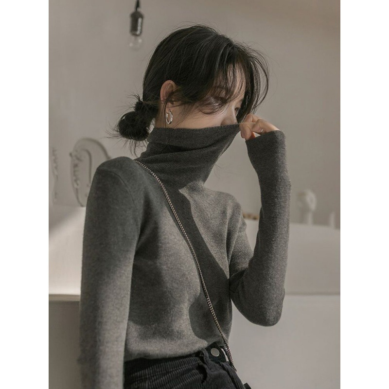 High-Bottom Pile Knitted Bottoming Knitwear Autumn and Winter New Style Slim Turtleneck Knitwear Long-Sleeved Top for Women Versatile