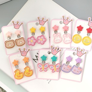 Children's Fashion Cute Resin Biscuit Candy Flower Rabbit Cat Bear Cartoon Ear Clip Pendant Girl's Earrings Accessories