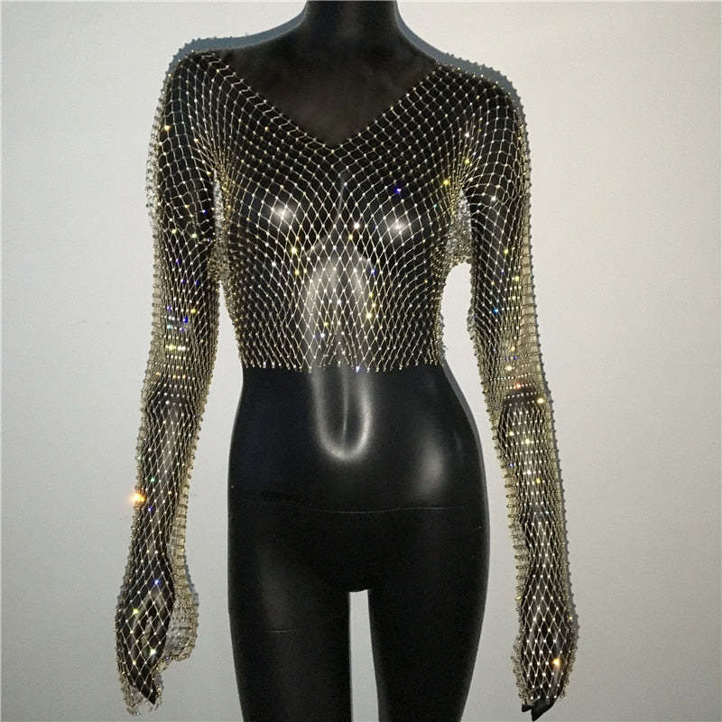 De Europa y América transfronteriza de las mujeres calientes de malla de diamantes de imitación red de pesca de manga larga Sexy Slim rhinestone Top party chica caliente de manga larga