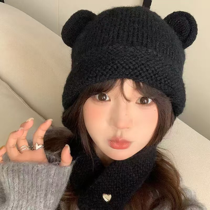 日系减龄可爱针织耳朵小熊含羊毛线帽雷锋子女护耳新款保暖帽子|undefined