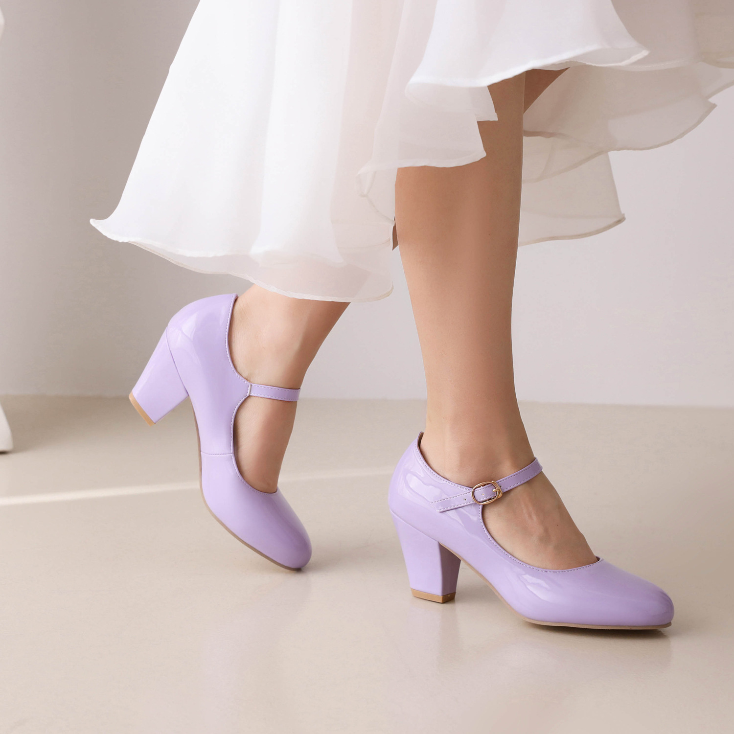Mary Jane shoes women's round toe patent leather chunky heel high heel fairy buckle soft girl commuter shoes candy color women's shoes