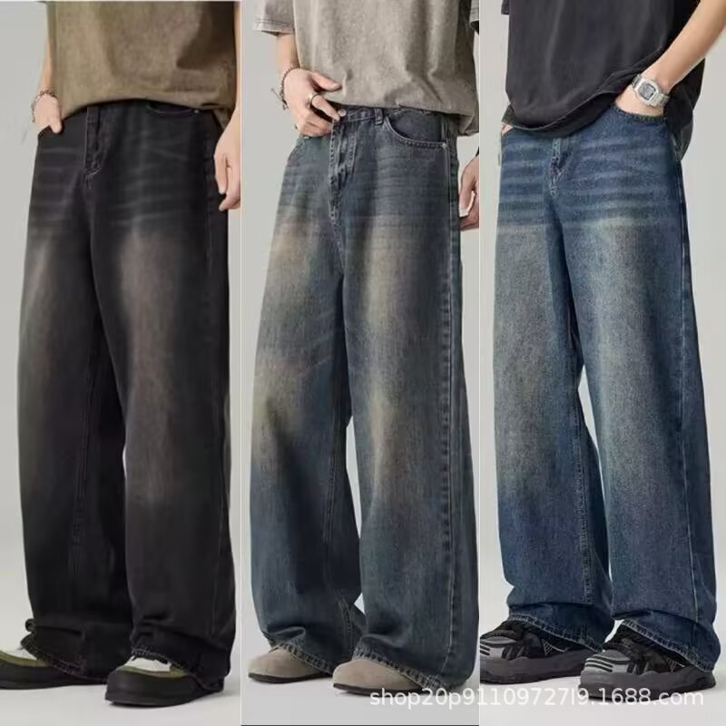 Cross-Border Jeans for Men, Southeast Asia's Most Popular Washed Wide-Leg Jeans for Men, Retro Distressed Loose Straight Pants