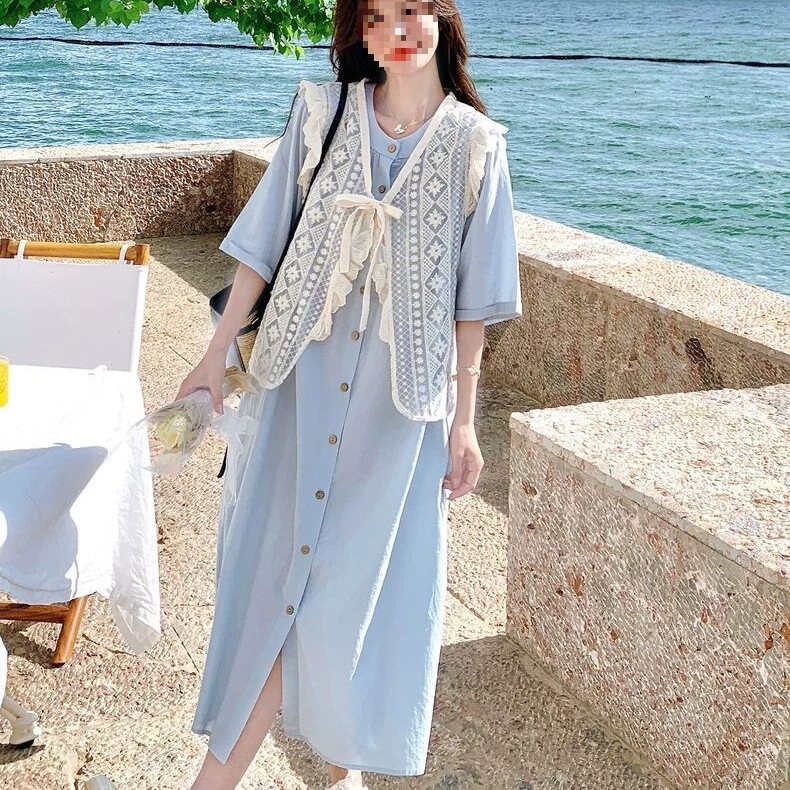 150kg Plus Size Extended Length Relaxed Lace Blouse Dress Set for Women, New Summer Style Shirt Dress Two-Piece Set