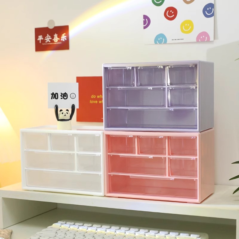 Desktop storage box with 3x3 grid transparent drawer-style compartments, suitable for student dormitory, wall-mountable clutter organizer