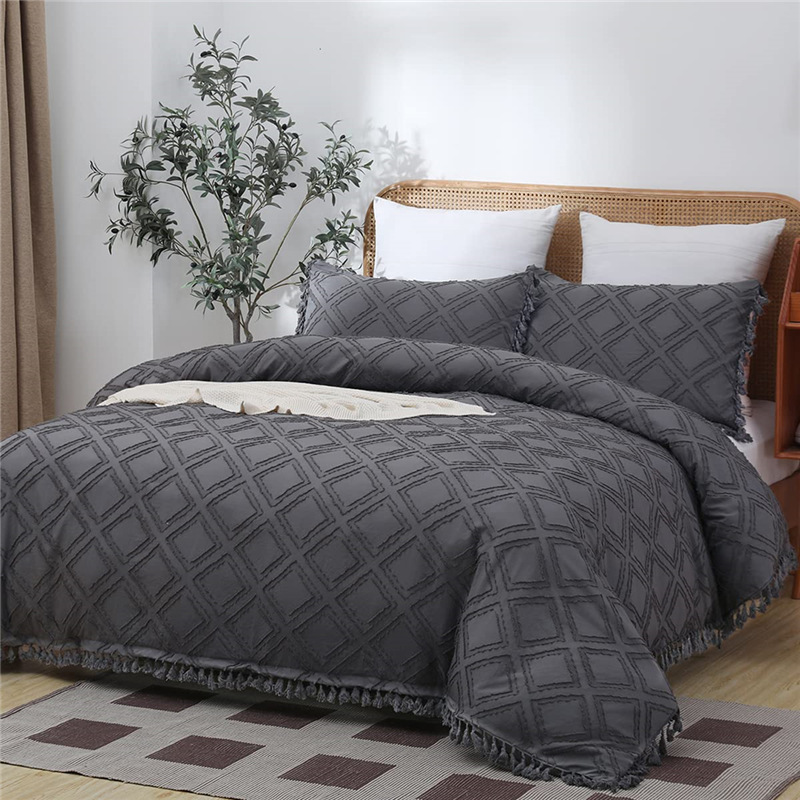 跨境亚马逊外贸簇绒剪花流苏花边欧美床上用品三件套被套床单外贸