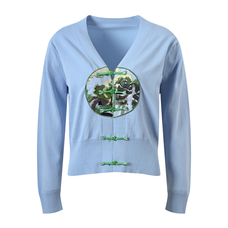 2024 spring new design sense new Chinese style improved national style embroidered V-neck buckle fashion knitted cardigan top 2024 spring new design sense new Chinese style improved national style embroidered V-neck buckle fashion knitted cardigan top