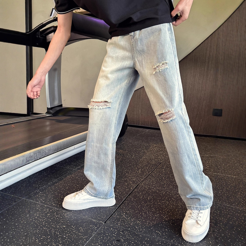 Washed Retro Ripped Jeans Men's Summer Thin Beggar Pants 2025 New Straight Pants Spring and Autumn Casual Pants