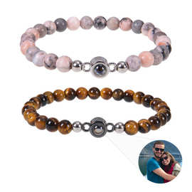 2025跨境定制照片手链6mm粉斑马石投影手链虎眼石图片定制手链