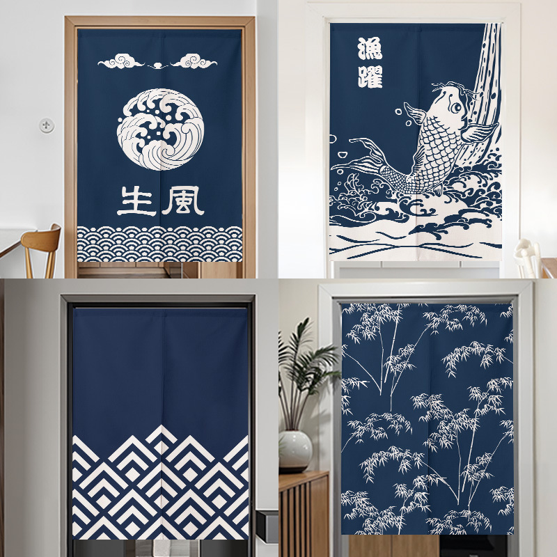 日式靛蓝色布艺门帘隔断帘免打孔家用厨房遮挡布帘厕所半挂帘