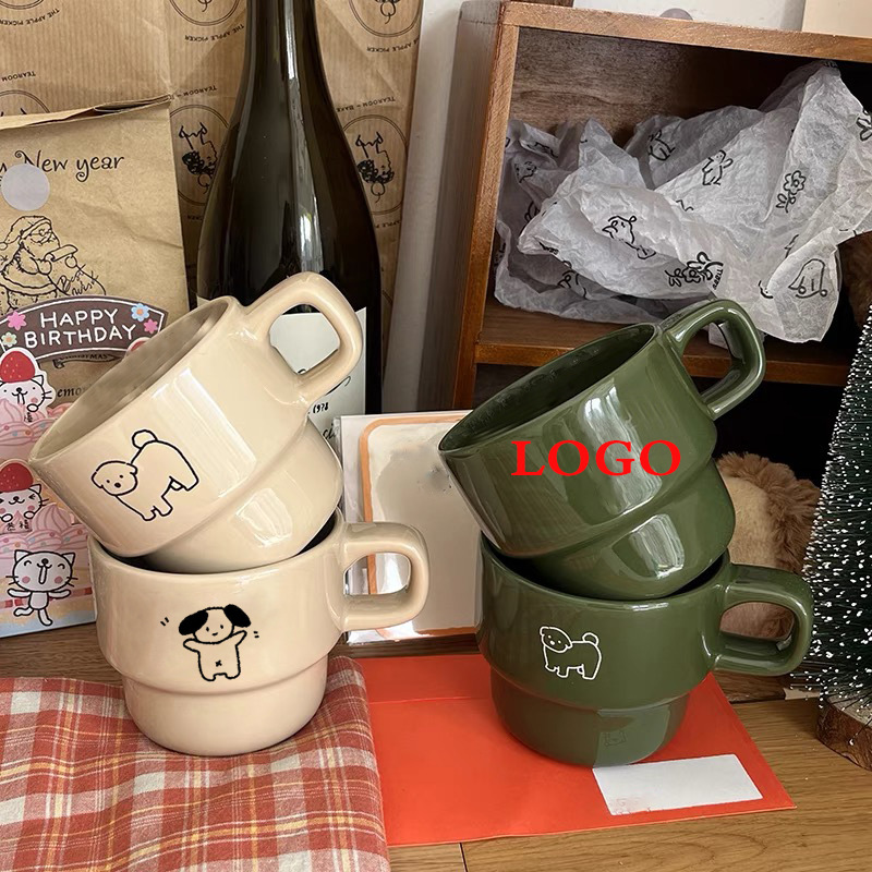 韩风卡通小狗马克杯 高颜值叠叠杯 陶瓷杯情侣款咖啡早餐杯水杯子