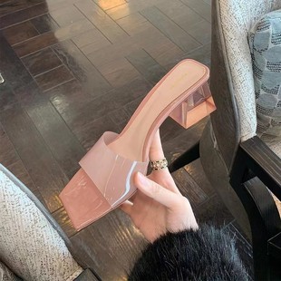 Transparent Crystal Slippers Women's Outer Wear 2023 Summer New Coarse High Heel Square Open Toe Sandals Women's Summer Outer Wear Summer