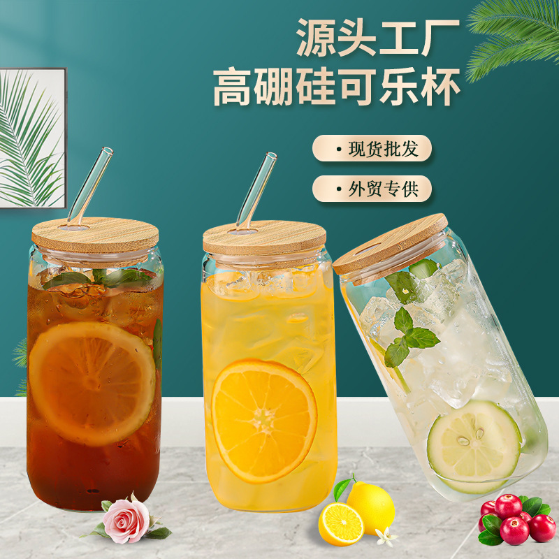 Cross-Border 16oz High Borosilicate Glass Coke Cup Ins Milk Coffee Bamboo Lid Straw Cup Juice Drink Water Cup Cross-Border 16oz High Borosilicate Glass Coke Cup Ins Milk Coffee Bamboo Lid Straw Cup Juice Drink Water Cup