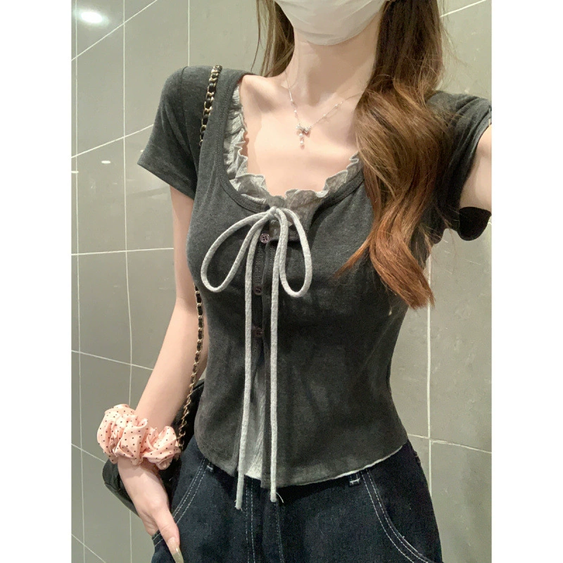 Реальный снимок и реальная цена. Летняя корейская футболка контрастного цвета с квадратным воротником и шнуровкой, имитация двух частей, футболка с короткими рукавами, топ