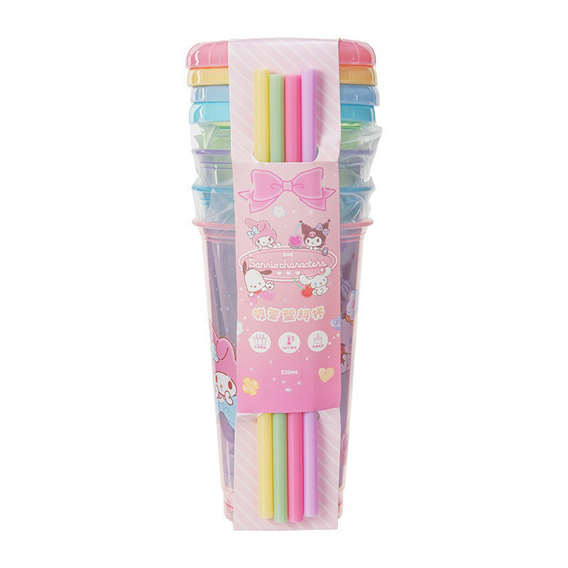 MINISO famosa taza de agua de calidad Sanrio serie taza de plástico de paja 4 piezas conjunto de taza de agua de 520mL portátil lindo
