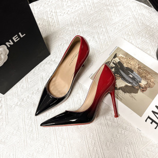 Black and Red Gradient Red Sole Stiletto High Heels, Feminine Elegant, Versatile Professional Pointed Toe Shallow Mouth Nightclub Temptation Shoes