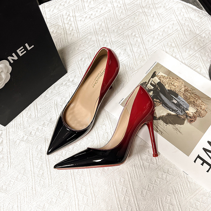 Black and Red Gradient Red Sole Stiletto High Heels, Feminine Elegant, Versatile Professional Pointed Toe Shallow Mouth Nightclub Temptation Shoes