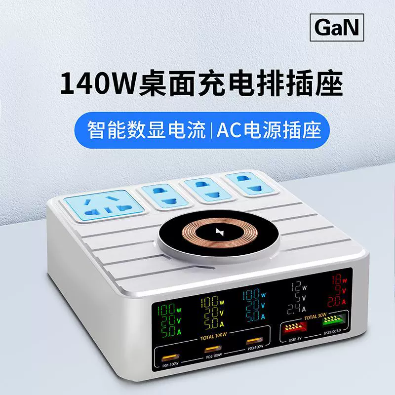 GaN интеллектуальная настольная зарядная станция с цифровым дисплеем, PD 140W, многопортовый USB-зарядник, 15W беспроводная зарядка