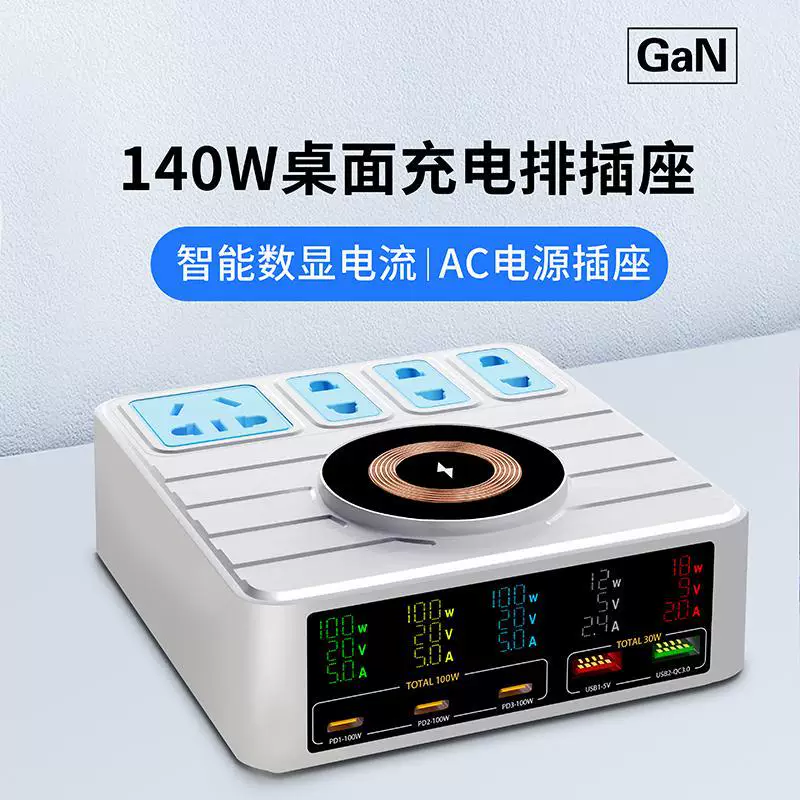 GaN интеллектуальная настольная зарядная станция с цифровым дисплеем, PD 140W, многопортовый USB-зарядник, 15W беспроводная зарядка
