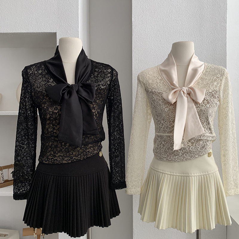 Omalai Velvet-Lined V Neck Bow-Tie Long-Sleeved Waist Slimming Look Short Lace Shirt Top 5617