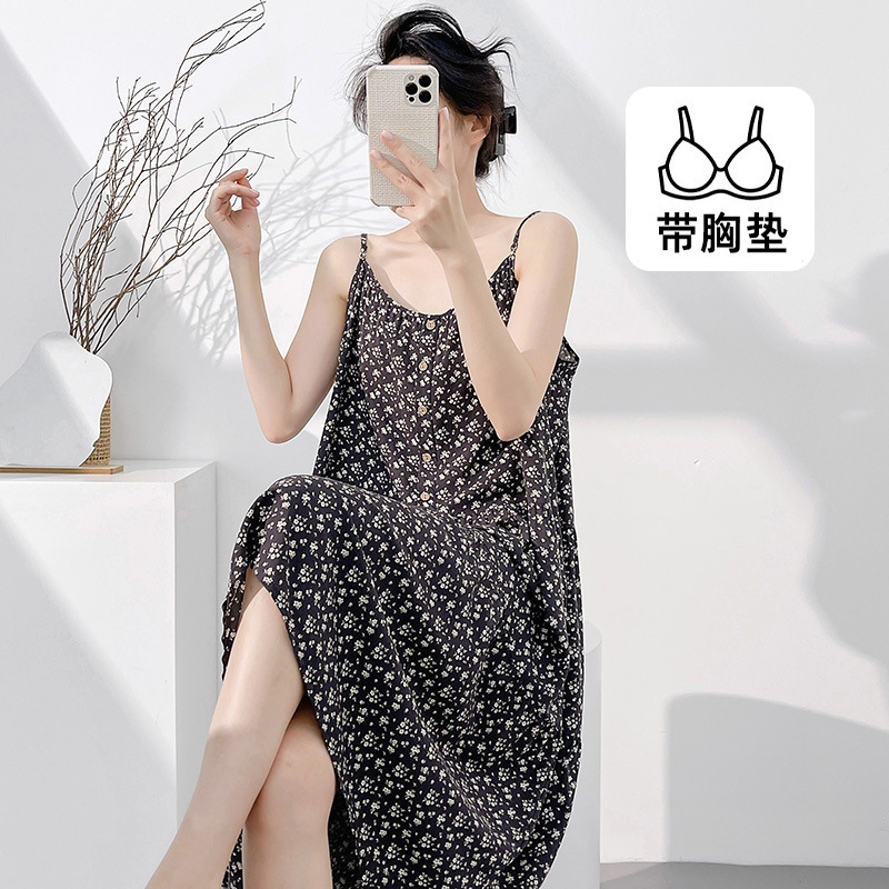 2026 Retro Cotton Silk Nightgown Summer Extended Strapless Over-The-Knee Long Dress Loose Thin Pajama Dress Can Be Worn Outside