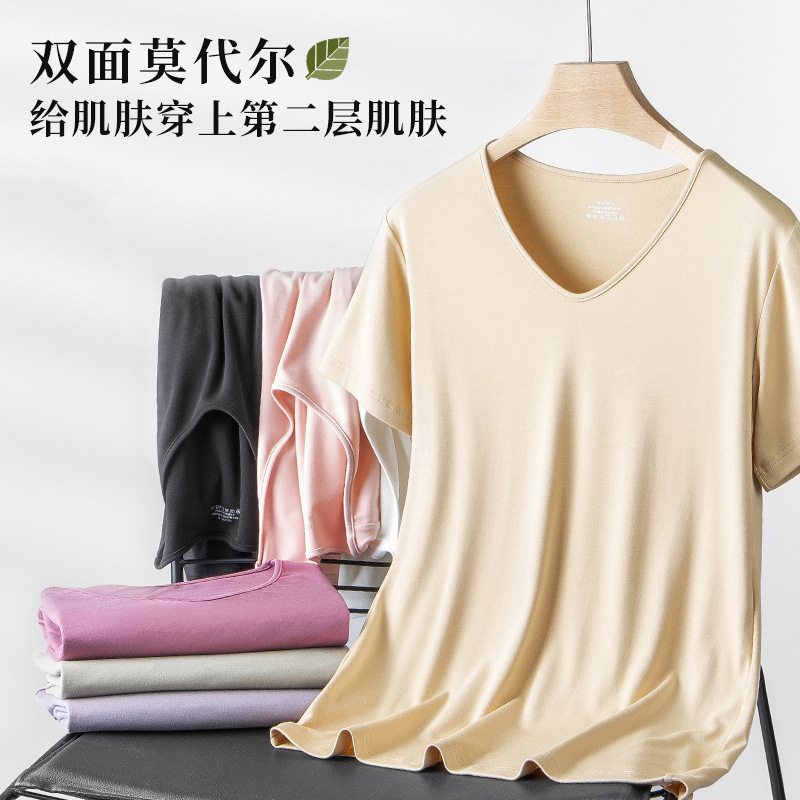60 de doble cara modal de primavera y verano de las mujeres de manga corta de color sólido delgada parte superior interior se puede usar fuera de la camiseta de fondo en stock