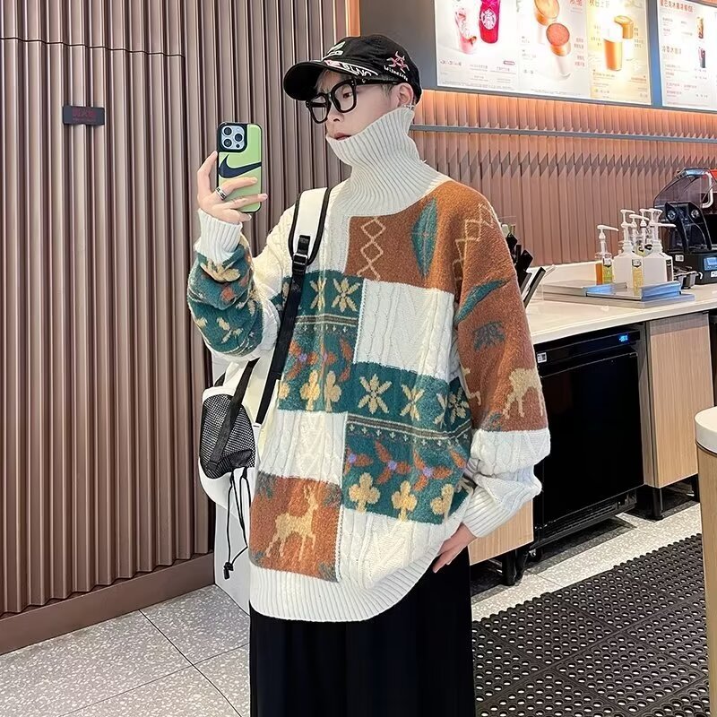 Inner sweater men's winter fashion brand thickened lazy bottoming sweater retro stitching warm loose sweater coat