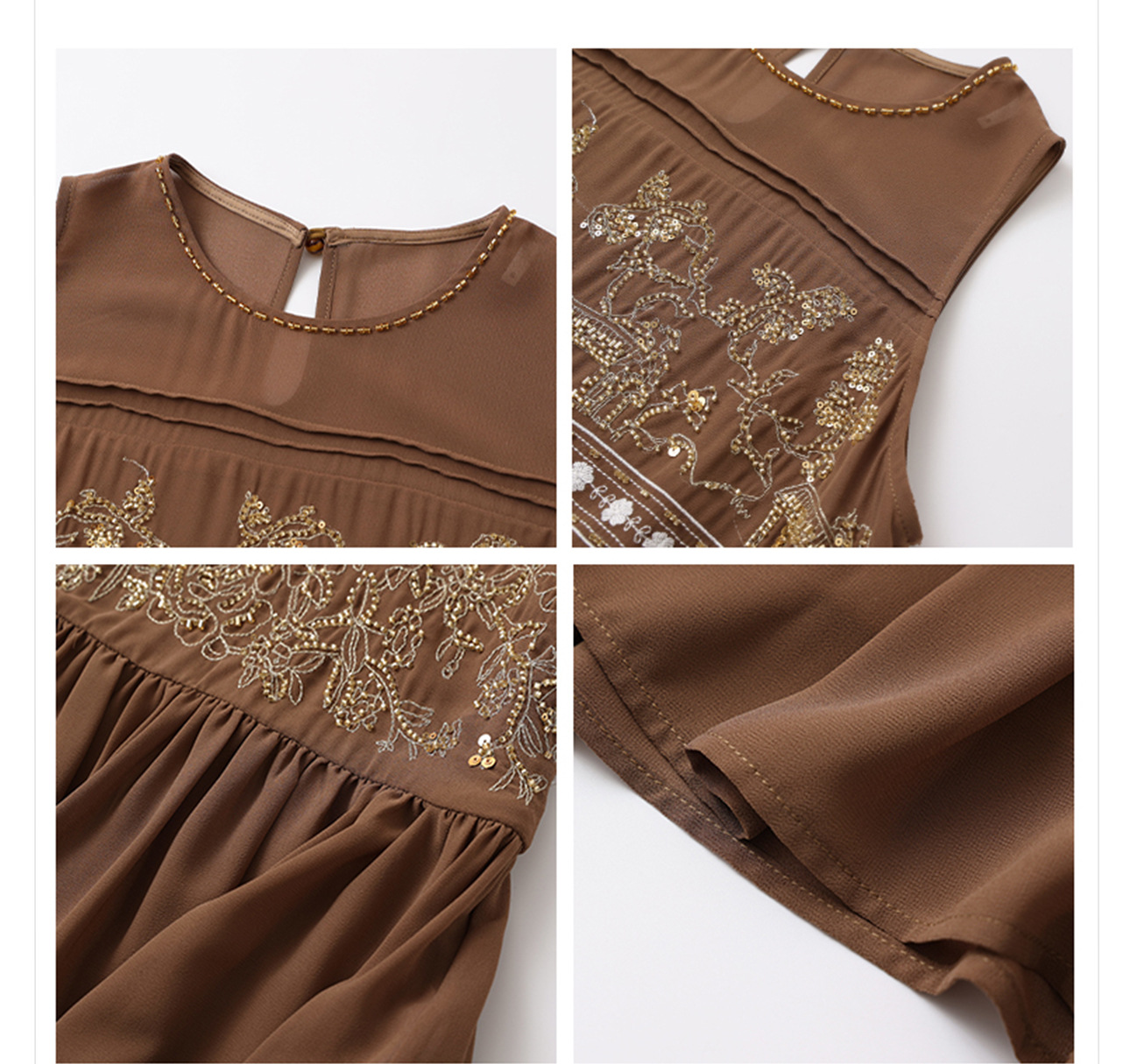 Đầm maxi nữ phong cách Trung Hoa thêu đính cườm retro mùa hè — Màu cà phê mẫu ngắn, Màu đen mẫu ngắn, Màu mơ mẫu ngắn, Màu đen dáng dài chi tiết 5