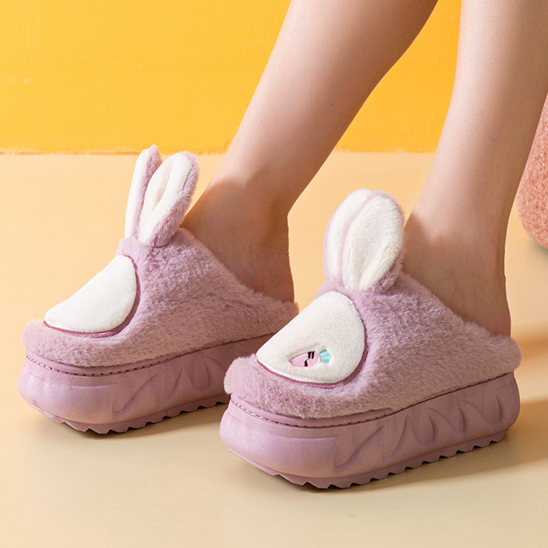 Conejo invierno fondo grueso Zapatillas de algodón de las mujeres de moda lindo zapatos de tacón alto felpa zapatillas cálidas zapatillas de interior de las mujeres