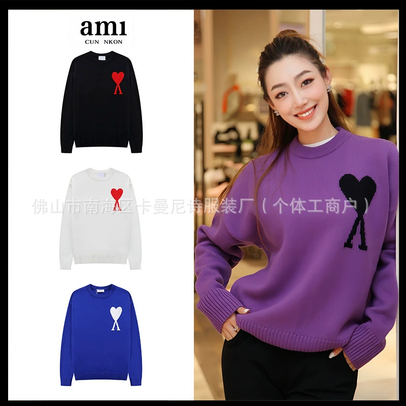 AMI трикотаж с круглым вырезом, классический жаккардовый пуловер с большим сердцем, трикотаж, простой свободный повседневный модный брендовый парный костюм