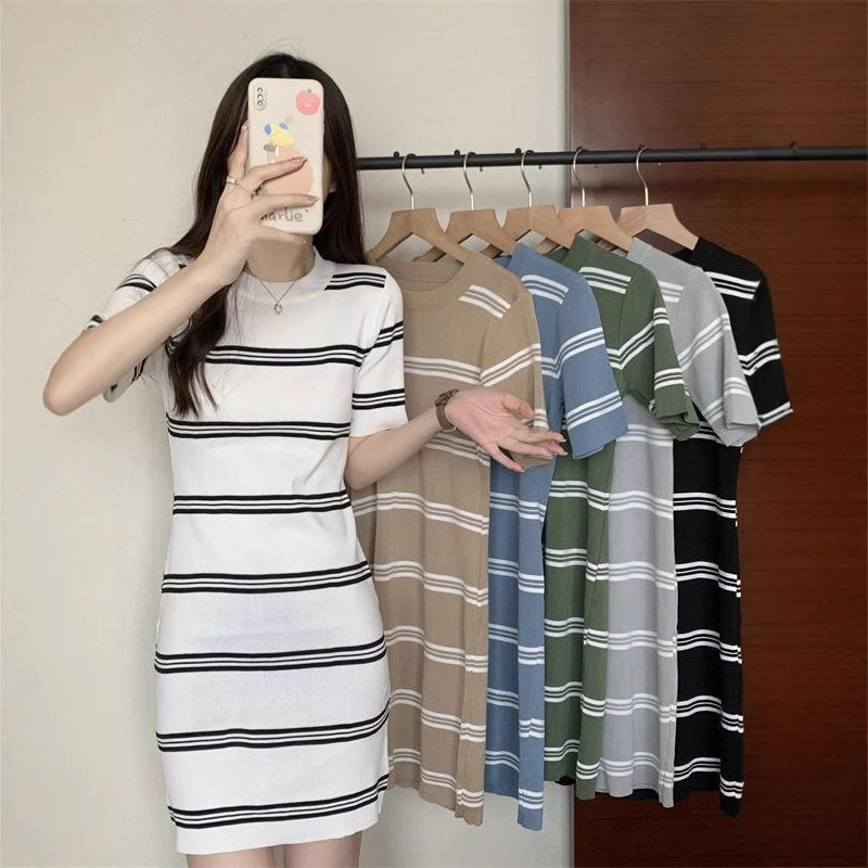 All-match Striped Short-sleeved Crewneck Knitted dress Women's Early Autumn New Slim-fit Slim-fit Fresh and Sweet Mid-length Skirt