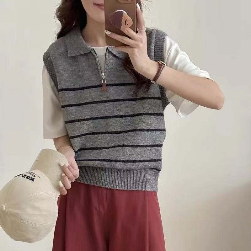 韩系复古翻领拉链条纹针织背心女外贸秋冬无袖外穿坎肩上衣女|undefined