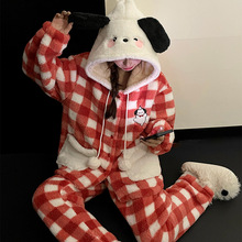 冬季少女睡衣雙面天鵝絨女家居服保暖加厚開衫格子可愛卡通可外穿