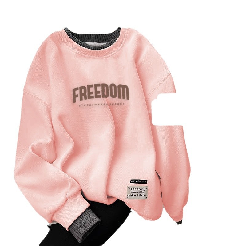 가짜 투피스 기모 크루 넥 땀 여성의 2024 년 가을과 겨울 새로운 간단한 느슨한 캐주얼 가을 여성의 풀오버 탑