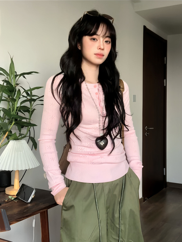 早秋辣妹复古镂空针织衫打底衫女长袖修身设计感T恤粉色上衣|undefined